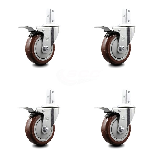 4 Inch Maroon Poly Wheel Swivel 7/8 Inch Square Stem Caster Set Total Lock Brake